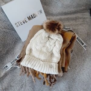 Steve Madden Cream Cable Knit Pom Beanie with Brown Faux Fur Pom
